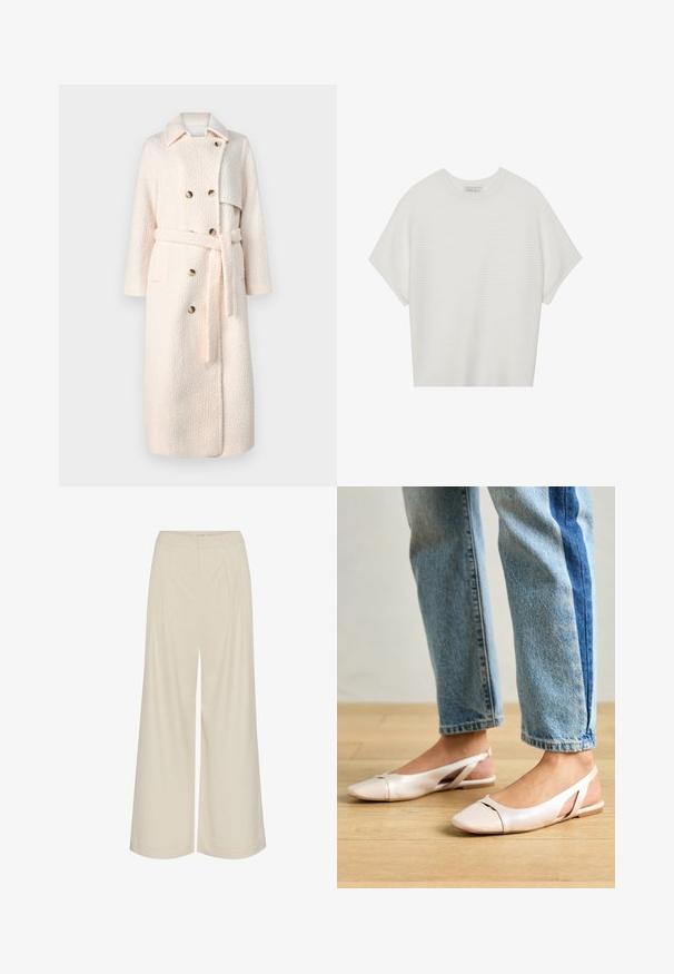 Cremfarbener langer Mantel mit einer strukturierten, flauschigen Oberfläche, mit Reverskragen, doppelt geknöpftem Vorderteil und einem Gürtel zum Schließen.; Weißes T-Shirt mit kurzen Ärmeln, weitem Rundhalsausschnitt und strukturiertem Rippenmuster, aus weichem Stoff, mit legerer Passform und einem klaren Design.; Weite Beinkleider aus leichtem beigem Stoff, mit Falten, hoher Taille und einer glatten Textur ohne sichtbare Verzierungen.; Blassrosa Slingback-Ballerinas mit spitzem Punkt, aus einem glatten, lederähnlichen Material. Mit Ausschnitten an den Seiten und einem flachen Absatz.