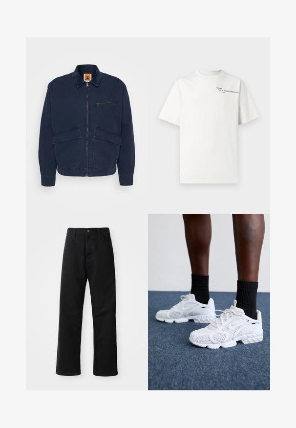 Timberland STRAFFORD JACKET - Summer jacket - dark sapphire; White cotton t-shirt with short sleeves, crew neckline, and black printed text on the chest reading "Carhartt Work in Progress 1989."; Black denim pants with a straight cut, featuring front pockets, a zip fly, and a single top button. Textured fabric with a matte finish.; White athletic shoes with mesh upper, textured accents, and cushioned sole. Paired with black ribbed ankle socks on a blue carpeted surface.