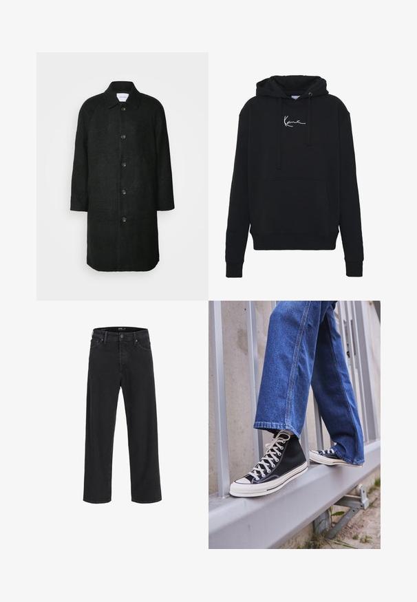 Les Deux MICHAEL 3.0 COAT - Klasický kabát - black; Černá mikina s kapucí vyrobená z měkké tkaniny, s přední kapsou, šňůrkami na stažení a bílou výšivkou loga na prsou. Klasický střih a pletené manžety.; Černé džíny rovného střihu z denimu s knoflíkovým a zipovým zapínáním, poutky na opasek a předními i zadními kapsami.; Černé vysoké tenisky s bílou podrážkou a tkaničkami, v kombinaci s volnými modrými džíny, odpočívající na šedém zábradlí.