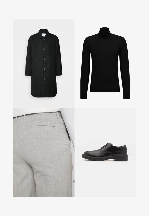 Les Deux MICHAEL 3.0 COAT - Mantel - black; Zwarte coltrui van zacht materiaal, met lange mouwen en een snug fit. Geribbelde afwerking aan de onderkant en mouwen. Eenvoudig ontwerp.; Lichtgrijze, op maat gemaakte broek van gestructureerde stof, met een enkele achterzak en nette stiksels.; Zwarte leren veterschoen met een ronde neus, een gladde textuur, minimale stiksels en een lage rubberen hak. Logo op de hak.