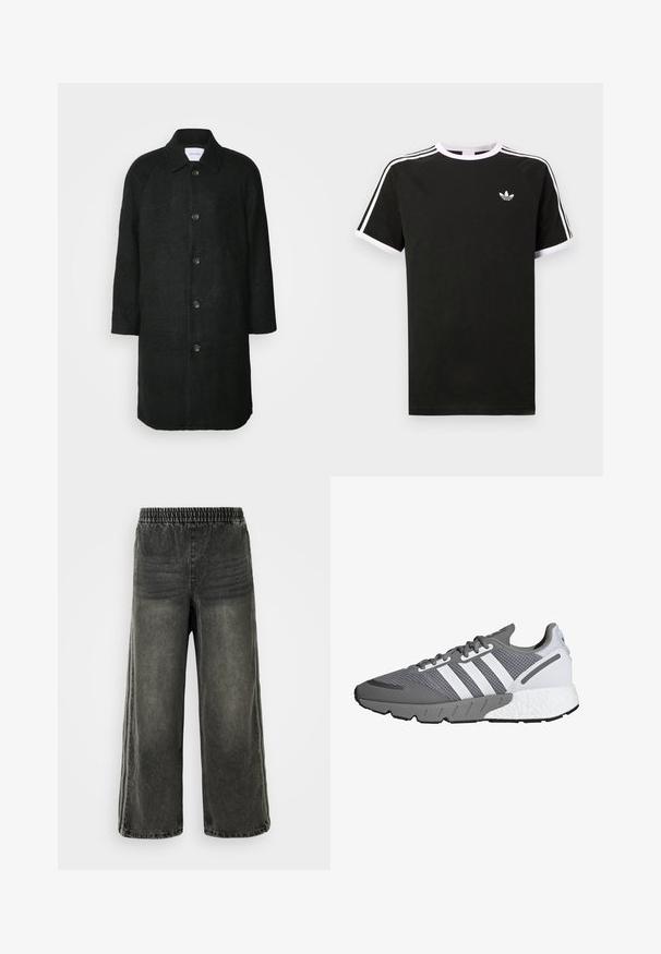 Les Deux MICHAEL 3.0 COAT - Klassinen takki - black; Musta puuvillapaita valkoisilla accenteilla. Siinä on lyhyet hihat, raglan-muotoilu ja pieni logo rinnassa. Olkapäillä kolme valkoista raitaa.; Mustat huovutetut farkut, joissa on joustava vyötärö ja leveät lahkeet, joissa on hienovaraiset pystysaumayksityiskohdat sivuilla.; Harmaa ja valkoinen urheilukenkä, jossa on verkkovuori, kolme valkoista raitaa, pehmustettu pohja ja teksturoitu harmaa kumipohja.