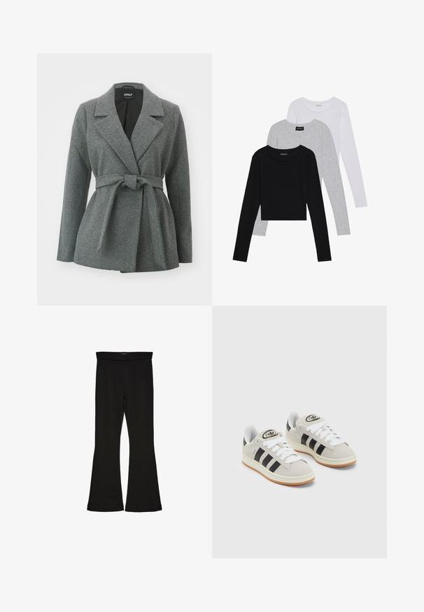 ONLY ONLALVILDA LIFE SHORT WRAP COAT - Pitkä takki - medium grey melange; Kolme pitkähihasta paita päällekkäin: musta, harmaa ja valkoinen. Jokaisessa on pyöreä pääntie ja lyhennetty muotoilu, jossa on sileä ja kevyt kangas.; Mustat leveät legginsit, jotka on valmistettu joustavasta kankaasta. Niissä on leveä vyötärö ja sileä pinta, sekä vartalonmyötäinen leikkaus, joka levenee helmassa.; Harmaat mokkasiinikenkä, joissa on valkoiset nauhat, mustat raidat ja valkoinen kumipohja. Kantajassa on pyöreä logo ja vaaleanruskea pohja.
