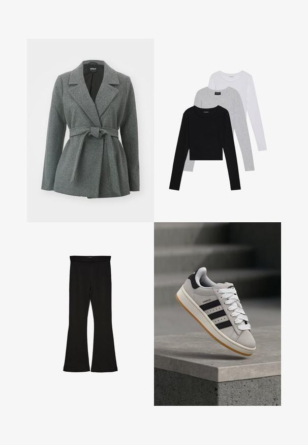 ONLY ONLALVILDA LIFE SHORT WRAP COAT - Kratki kaputi - medium grey melange; Tri dugih rukava posložena: crna, siva i bijela. Svaka ima okrugli izrez i skrateni kroj s glatkom, laganom tkaninom.; Crne hlače na tregere od rastezljivog materijala. Imaju širok pojas i glatku teksturu, s uskim krojem koji se širi na rubu.; Siva Adidas Campus tenisica s crnim prugama i bijelim vezicama lebdi iznad betonskog ruba s ljestvama u pozadini.