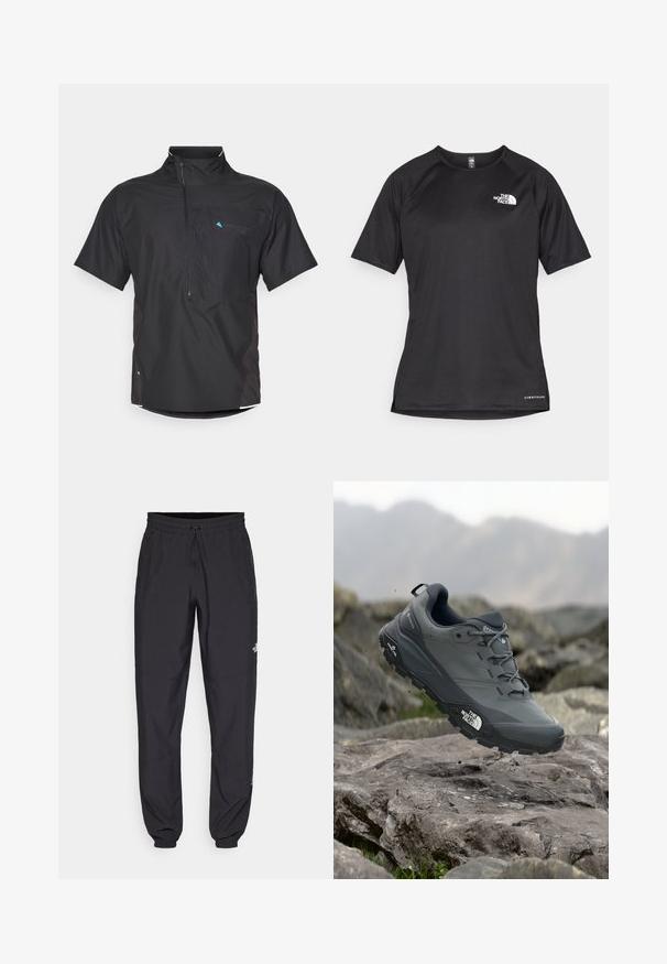 Chemise noire à manches courtes avec une fermeture éclair à l'avant, des accents en maille et des panneaux latéraux. Présente un logo bleu en haut à gauche. Matériau léger.; T-shirt de sport noir à manches courtes avec un tissu texturé, arborant un logo blanc sur la poitrine gauche et un ourlet droit.; Pantalon de sport noir en tissu léger, avec une taille à cordon, des poches latérales et des chevilles resserrées.; Chaussure de trail running grise avec un dessus texturé, semelle en caoutchouc durable et chaussure renforcée à l'avant. Comprend des lacets et un logo de la marque sur le côté.