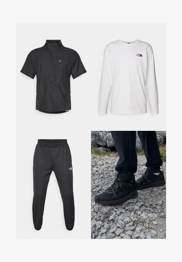 Schwarzes Kurzarmhemd mit Reißverschluss vorne, Mesh-Akzenten und Seitenpanelen. Mit einem blauen Logo oben links. Leichtes Material.; Weißes langärmliges T-Shirt aus Baumwolle mit Rundhalsausschnitt. Verfügt über ein kleines schwarzes Logo auf der Brust. Glatte Textur, reguläre Passform.; Schwarze Jogginghose mit verstellbarem Bund, schlanker Passform, elastischen Bündchen und einem kleinen weißen Logo am linken Oberschenkel, hergestellt aus glattem Stoff.; Schwarze Outdoor-Schuhe aus Mesh und synthetischem Material, mit einer strukturierten Oberseite, gesichertem Schnürsystem und griffiger Laufsohle, auf felsigem Gelände.