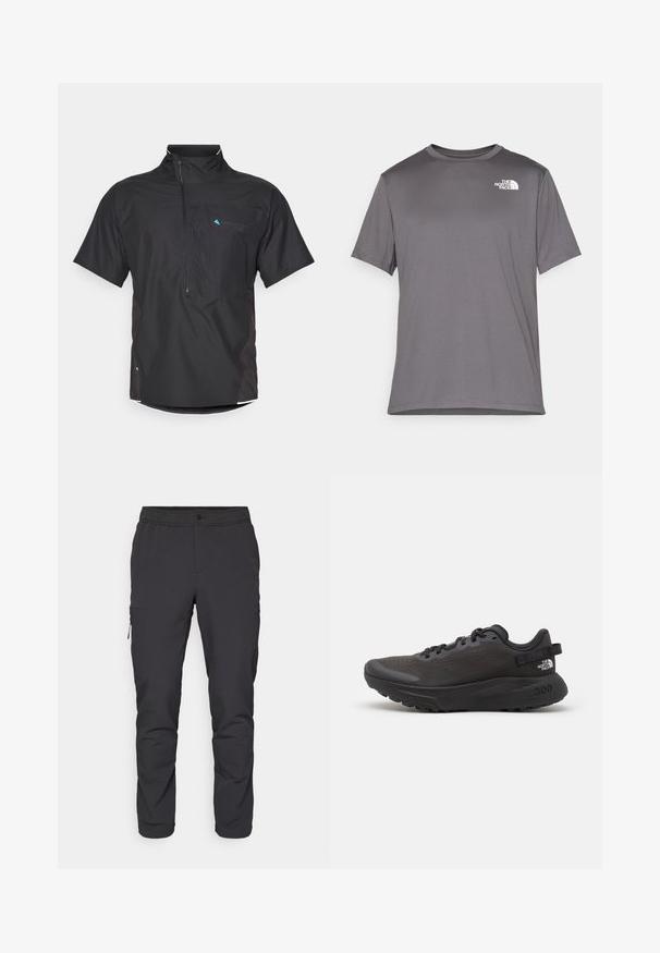 Black short-sleeve shirt with a zippered front, mesh accents, and side panels. Features a logo in blue on the upper left. Lightweight material.; Gray short-sleeve athletic t-shirt made of smooth, lightweight fabric. Features a white logo on the left chest area. Round neck design.; Black, tapered pants with an elastic waistband, zippered side pocket, and smooth, lightweight fabric. Ideal for active wear.; Black athletic shoe with mesh upper, padded collar, and rubber sole. Features textured design and branding on the heel. Lightweight construction.