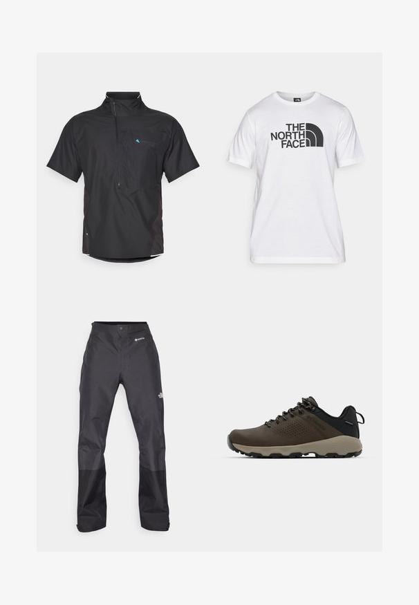 Schwarzes Kurzarmhemd mit Reißverschluss vorne, Mesh-Akzenten und Seitenpanelen. Mit einem blauen Logo oben links. Leichtes Material.; Weißes Baumwoll-T-Shirt mit einem schwarzen Grafikdruck, der Text und ein geschwungenes Logodesign zeigt. Runder Halsausschnitt und kurze Ärmel. Schlichte Textur.; Schwarze wasserdichte Hose mit glatter Textur, ausgestattet mit einem GORE-TEX-Logo auf der Vorderseite und verstärkten Unterschenkeln für zusätzliche Haltbarkeit.; Braune wasserdichte Sneakers mit einer strukturierten Oberseite, perforierten Akzenten, schwarzem Fersenschutz und einer grauen Gummisohle. Die Schnürsenkel sind mit metallischen Enden gestaltet.