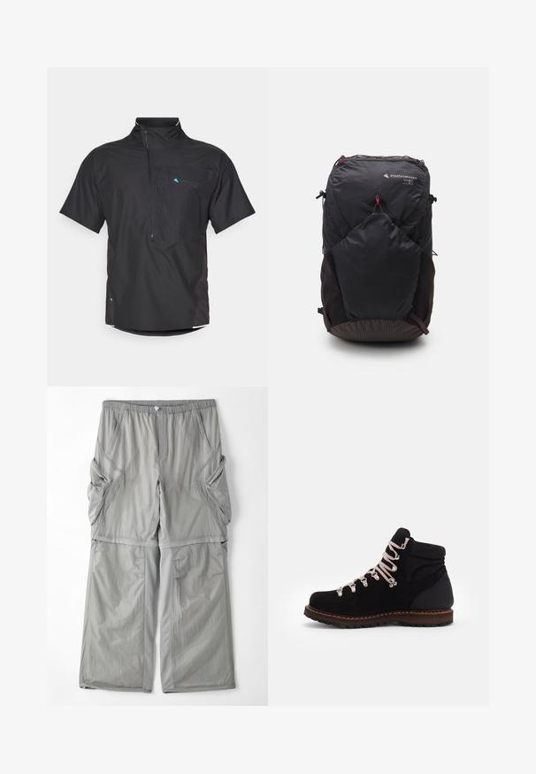 Maglietta nera a maniche corte con zip frontale, accenti in rete e pannelli laterali. Presente un logo blu in alto a sinistra. Materiale leggero.; Maglietta nera in cotone con maniche corte, scollo rotondo e taschino sul petto. Presenta un piccolo logo sulla manica e una texture liscia.; Pantaloni in tessuto grigio chiaro, traspirante, con vita elastica, tasche laterali e piping grigio a contrasto lungo le cuciture. Design a vestibilità ampia.; Stivale da hiking in suede nero con lacci rosa, occhielli in metallo, supporto per la caviglia imbottito e suola in gomma testurizzata, caratterizzato da una intersuola marrone a contrasto.; Zaino nero con logo triangolare, capacità di 26 litri, chiusura con zip, pannello inferiore testurizzato e dettagli in rosso a contrasto.