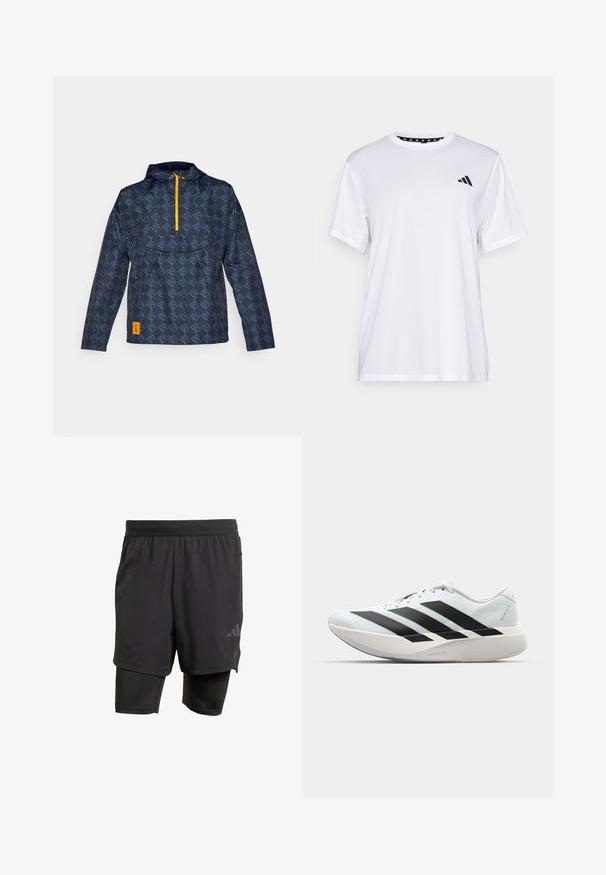 Rompevientos de marino con capucha, presenta un patrón de logotipos geométricos, un acento naranja en el zipper y una pequeña etiqueta naranja en el dobladillo.; Camiseta atlética blanca de manga corta, hecha de una tela que absorbe la humedad. Presenta un logo negro en el lado izquierdo del pecho y un cuello interior con un diseño estampado.; Bermudas deportivas negras con capa interior integrada, hechas de un tejido transpirable. Presentan un logo sutil y una textura estructurada. Cintura ajustable.; Zapatillas de running ligeras en azul pálido con rayas negras. Presentan una parte superior suave, puntera redonda y una gruesa mediasuela blanca etiquetada como "LIGHTSTRIKE PRO".