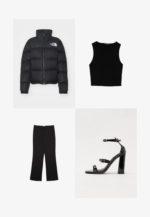 Musta puffatakki korkean kauluksen, vetoketjulla edessä ja ribbausteilla. Siinä on vaakasuorat tyynyosat ja valkoinen logo rinnassa.; Musta hihaton crop-top, joka on valmistettu sileästä kankaasta, jossa on pyöreä kaula-aukko ja siisti, yksinkertainen muotoilu ilman kuvioita tai varusteita.; Mustat housut suoralinjaisella leikkauksella, joissa on etutaskut ja sivurei'ät helman alla. Valmistettu pehmeästä ja sileästä kankaasta. Sopii eri tilaisuuksiin.; Musta kiiltävä korkokenkä sandaalit neliönmuotoisella varpaalla, nilkkaremmillä ja hopeisilla soljilla. Varustettu tukevalla lohkokorkealla vakauden takaamiseksi.