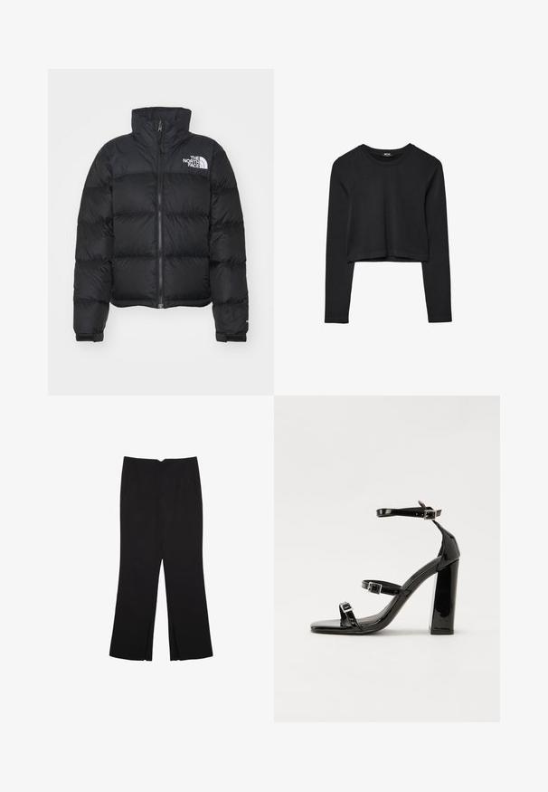 Sort pufferjakke med høj krave, lynlås foran og ribbede manchetter. Har horisontale quiltede sektioner og et hvidt logo på brystet.; Sort langærmet cropped top med rund halsudskæring, ensfarvet design og let buet kant.; Sorte bukser med lige pasform, der har frontlommer og slidser i kanten. Lavet af blødt, glat stof. Velegnet til forskellige anledninger.; Sorte laklædersandaler med høje hæle, to spænderemme, firkantet tå og en kraftig blokhæl, der har en glat, blank overflade.