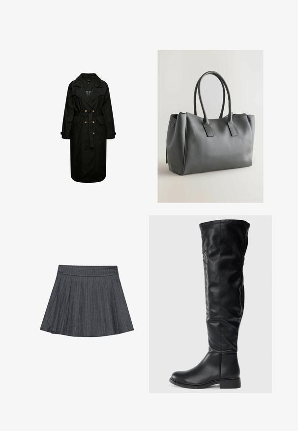Schwarzer Denim-Trenchcoat mit tailliertem Gürtel, großen Revers und vorderen Taschen. Beinhaltet Knopfdetails und lange Ärmel.; Schwarzes, trägerloses Oberteil aus Stretchmaterial, enganliegendes Design, glatte Textur. Kombiniert mit cremefarbenen, weit geschnittenen Jeans und einer gestuften Halskette.; Grau gestreifter Skaterrock mit einem taillierten Bund, ausgestellter A-Linie und weichem Stoffmaterial. Vertikale Linien erhöhen das visuelle Interesse.; Schwarze kniehohe Stiefel aus glattem Leder, mit runder Zehenform, niedrigem Blockabsatz und einem leicht lockeren Schaft mit Nahtdetails.; Graue Lederhandtasche mit doppelten Griffen, rechteckiger Form, glatter Textur und minimalistischem Design. Verfügt über flache Seitenpaneele und subtile Nähte.
