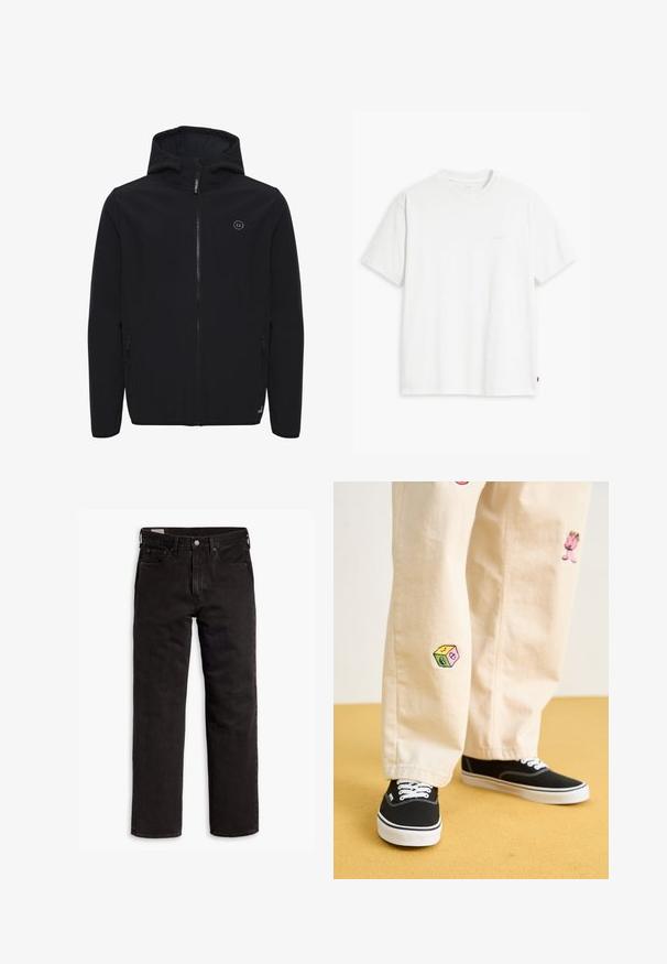 Crna jakna od softshella s kapuljačom, prednjim zatvaračem, dva bočna džepa i malim logom na prsima. Glatka tekstura, minimalistički dizajn.; Bijela pamučna majica kratkih rukava, s okruglim izrezom i suptilno otisnutim Levi's logotipom u sredini. Mekana tekstura i standardni kroj.; Crne traperice ravnog kroja s pet džepova, kopčom na dugme i petljama za pojas, položene ravno na bijeloj pozadini.; Bež pamuk hlače s razigranim izvezenim dizajnima, uključujući ružičasti lik i obojene blokove, uparene s crnim vezicama za cipele.