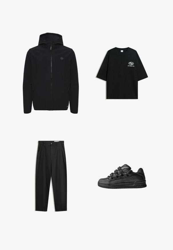 Črna softshell jakna s kapuco, sprednjim zadrgo, dvema stranskima žepoma in manjšo oznako na prsih. Gladka tekstura, minimalističen dizajn.; Črna prevelika bombažna majica z okroglo ovratnico in kratkimi rokavi, z belim logotipom "Shibuya" natisnjenim spredaj.; Črne bombažne hlače s sproščenim krojem, ki vključujejo klasičen pas, sprednje gube in stranske žepke. Gladka tekstura brez vzorcev.; Črne superge z gladkim usnjenim zgornjim delom, teksturiranimi detajli in okroglimi črnimi ter belimi vezalkami. Debel gumijast podplat z vzorčastim profilom.