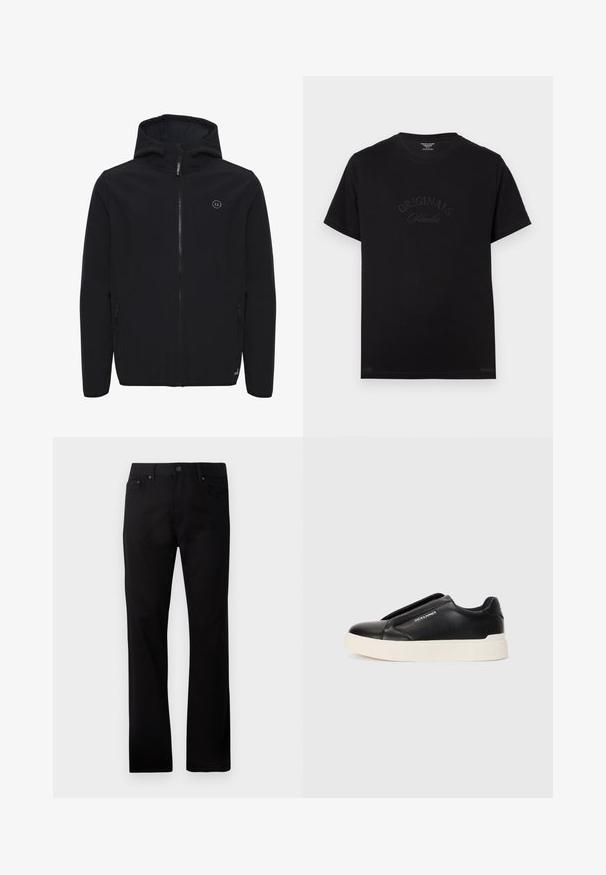 Črna softshell jakna s kapuco, sprednjim zadrgo, dvema stranskima žepoma in manjšo oznako na prsih. Gladka tekstura, minimalističen dizajn.; Črna bombažna majica s kratkimi rokavi in okroglo izrezom. Na sprednjem delu je v tonečih črkami embosirano "ORIGINALS Studio".; Črne naravnost krojene jeans hlače iz denima, z zapiranjem na gumb spredaj, dvema stranskima žepoma in gladko teksturo.; Črne slip-on športne čevlje z teksturiranim usnjenim zgornjim delom, belim gumijastim podplatom in brez vidnih vezalk. Na strani je logotip blagovne znamke.