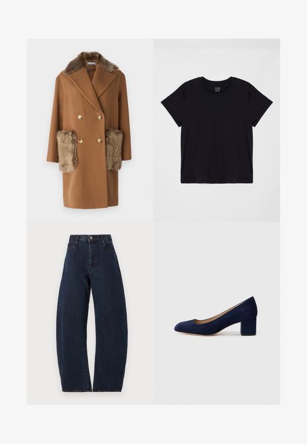 Brauner Wollmantel mit einem Kragen aus Kunstpelz und seitlichen Taschen. Doppelt knöpfendes Design mit goldenen Knöpfen und geradem Schnitt. Weiche Textur.; Schwarzes Kurzarm-T-Shirt aus weicher Baumwolle. Klassisches Rundhalsausschnitt-Design mit einer einfachen, ungeschmückten Oberfläche und einem lockeren Schnitt.; Hoch taillierte, weit geschnittene Jeans aus dunkelblauem Denim. Mit Knopfverschluss, fünf Taschen und subtiler Textur. Keine sichtbaren Muster oder Akzente.; Marineblaue Wildleder-Pumps mit spitzem Zehenbereich und einem mittelhohen Blockabsatz. Glatte Textur mit einem subtilen Glanz und einem kleinen Ausschnitt an der Vorderseite.