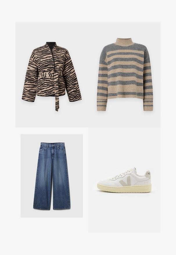 Giacca imbottita beige con strisce nere a forma di tigre, caratterizzata da un design avvolgente, maniche lunghe e una cintura annodata in vita.; Maglione a righe realizzato in maglia, nei colori grigio e beige, con collo alto, maniche larghe con polsini e una vestibilità rilassata con un design corto.; Jeans in denim blu a gamba larga con una finitura sbiadita, dotati di chiusura a bottone e zip, cinque tasche e passanti per cintura.; Sneaker in pelle bianca con dettagli in suede beige, punta perforata, lacci piatti e suola testurizzata color crema. Presenta un logo discreto sul tallone.