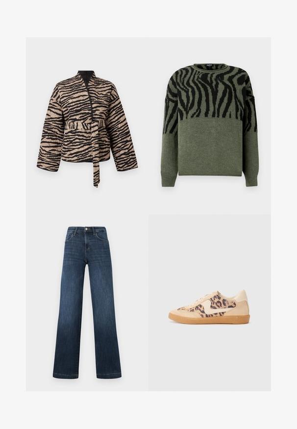 Bež jakk, millel on mustad tiigri triibud, millel on mähisdisain, pikad varrukad ja vöö, mis on talje ümber seotud.; Selle helestriibaline sviiter tumesrohelises ja mustas, kudumistekstuuri ning ümmarguse dekolteega, pikkade varrukatega, millel on kontrastne disain ülemises osas.; Tumedat sinised teksad laia jala disainiga, viie tasku ja ees oleva nööbiga sulgemisega. Sile tekstuur ja klassikalised peitevõrngud.; Leopardi mustriga tossud, millel on beež sueded ülemine osa, pruuni kummist põhi ja valged aktsendid. Ümar nina ja lipsukujundus, millel on tekstureeritud viimistlus.