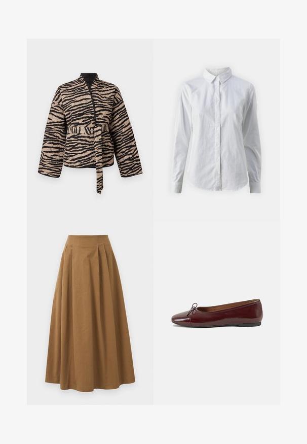 Quilted jacket in beige with black tiger stripes, featuring a wrap design, long sleeves, and a tied belt at the waist.; White button-up shirt made of smooth cotton, featuring a classic collar, long sleeves, and a curved hem. Buttons are small and white.; Brown cotton A-line skirt with a high waist, featuring pleats down the front and a smooth texture. Hem finishes are clean and simple.; Burgundy patent leather ballet flat with a rounded toe, small bow accent at the front, and a low, black rubber sole. Smooth texture.