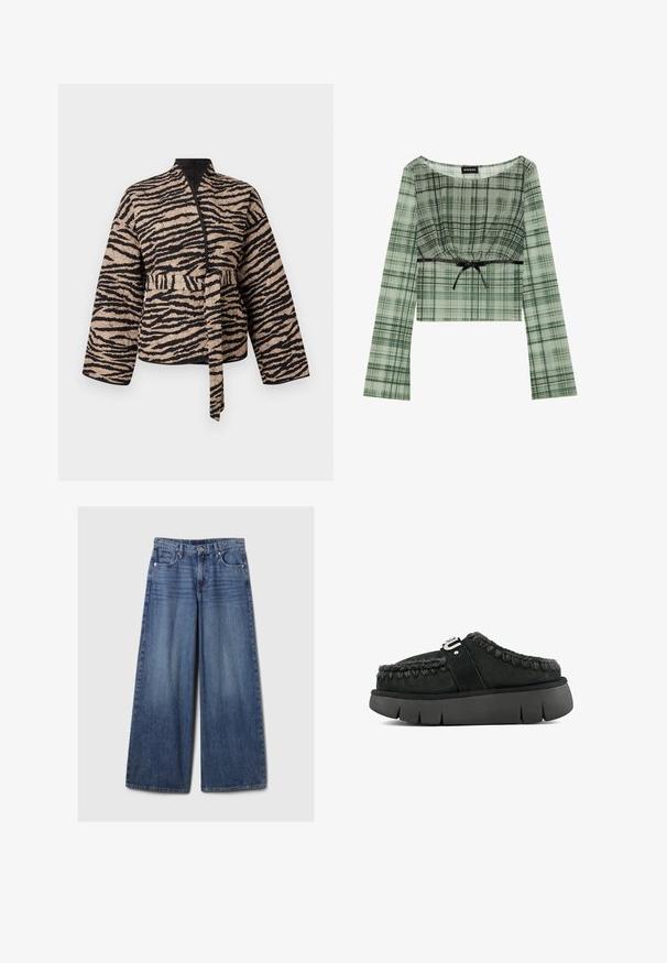 Quilted jacket in beige with black tiger stripes, featuring a wrap design, long sleeves, and a tied belt at the waist.; Green plaid crop top with long sleeves, featuring a gathered neckline and black tie accent at the waist. Made of lightweight fabric.; Wide-leg blue denim jeans with a faded finish, featuring a button and zipper closure, five pockets, and belt loops.; Black suede slip-on shoe with fur trim, braided stitching, and a chunky black sole. Features a branded strap across the upper.