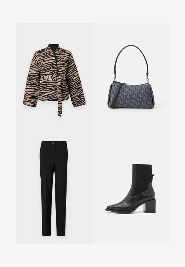 Casaco acolchoado em bege com riscas pretas de tigre, apresentando um design envolvente, mangas longas e um cinto amarrado na cintura.; Camisola de manga longa em padrão de leopardo com gola alta, feita de tecido elástico. Apresenta uma base bege com manchas castanhas. Textura suave, design ajustado.; Calças pretas ajustadas com um design de perna reta, apresentando fecho de botão e passantes para cinto, feitas de tecido suave.; Bota ankle preta com bico fino, feita de couro liso e tecido elástico. Apresenta um salto bloco e um design minimalista.; Bolsa de padrão azul feita de tecido, com um formato curvo, alça de couro preto e design de logotipo em uma tonalidade mais clara.