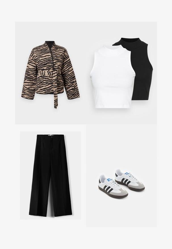 Bežena jakna s crnim uzorkom tigra, s preklopnim dizajnom, dugim rukavima i povezom na struku.; Dvije bezrukavne rebraste majice s visokim ovratnikom u crnoj i bijeloj boji, s prilagođenim dizajnom i glatkom teksturom, te skraćenom dužinom.; Crne široke hlače izrađene od lagane tkanine, s prednjim zatvaranjem na dugme i ravnim prednjim dijelom, sa uredno šivenim rubovima.; Sportske cipele s gornjištem od bijele kože, sivi suedinasti nos i tri crne pruge. Imaju plavi logo na jeziku i teksturiranu gumenu podlogu.