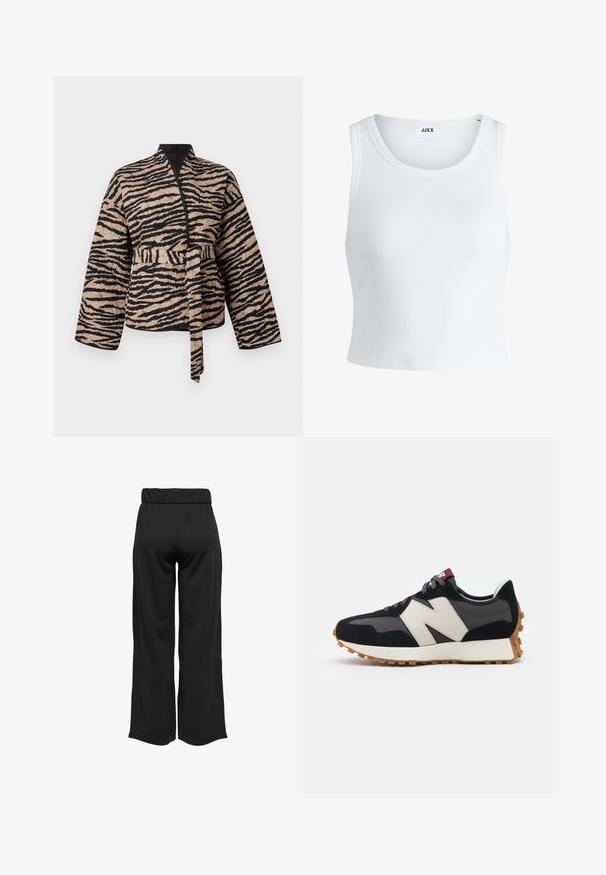 Jachetă matlasată bej cu dungi negre de tigru, având un design înfășurat, mâneci lungi și un cordon legat în talie.; Top alb cu detalii texturate, cu guler rotund, fără mâneci și lungime scurtă. Eticheta spune "JJXX." Textură de țesătură netedă.; Pantaloni negri, cu croi larg și talie elastică, realizați dintr-un material neted. Au un design simplu, fără buzunare sau detalii de cusătură vizibile.; Adidași din suede negru și gri cu un mare logo "N" de culoare crem, sireturi purpurii și o talpă din cauciuc texturat de culoare gumă.