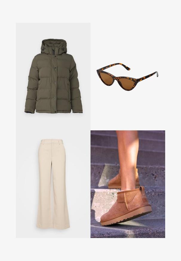 Olīvu zaļš pūkains mētelis ar kapuci, ar kvadrātveida šuvēm, priekšējām spiedpogām un melniem akcentiem uz rāvējslēdzēja un aprocēm.; Brūns adīts džemperis ar augstu ribotu apkakli, platām piedurknēm un mīkstu tekstūru. Iespējota brīva piegriezuma forma un riboti akcenti uz piedurknēm.; Beigā krāsā platās bikses ar gludu tekstūru, ar augstu jostasvietu un divām priekšējām kabatām. Tīrs dizains ar piegriezumu, kas pielāgots ķermenim.; Dzeltenbrūnas zamšādas potīšu zābaciņi ar mīkstu tekstūru, izšūtu apdari un gumijas zoli, kas aprīkoti ar cilpu uz papēža ērtai uzvilkšanai.; Kaķa acs saulesbrilles ar melnu un oranžu bruņurupuču rakstu rāmi, brūnām lēcām un elegantiem, norādītiem galiem. Rāmī ir minimālists logos uz tempļa.