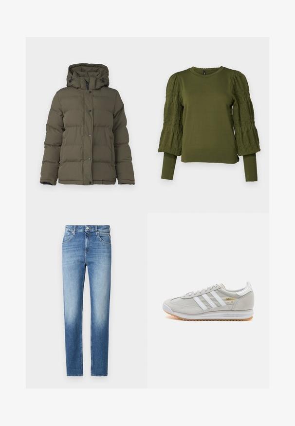 Maslinasto zelena puf jakna s kapuljačom, s prešanim dizajnom, prednjim dugmadi na preklop i crnim detaljima na zatvaraču i manžetama.; ONLY ONLMELITA O NECK - Vesta - winter moss; Svijetloplave traperice s ravnim krojem, izblijedjelom teksturom, pet džepova i kopčanjem na gumbe u struku. Karakteristična detaljna šavova.; Svijetlosivi tenisice od antilopa i mrežice, s tri bijele pruge, okruglim vrhom i gumenom potplatom. Zlatni logo akcent blizu vezica.