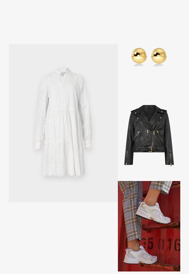 Črna usnjena motoristična jakna s prilegajočim dizajnom, z zlatim zadrgo, več sprednjimi žepnimi zadrgami in pasom, ki se lahko nastavi. Značilne so ramenice.; Bela dolga obleka s štirimi rokavi, šivano z vzorcem z luknjicami, z visokim ovratnikom in večplastnimi krili. Ima valovit rob in rahlo zbrano pas.; Bele mrežne superge s srebrnimi detajli in teksturirano podplatom, postavljene na rdeči površini, v kombinaciji s karirastimi hlačami.; Zlate okrogle uhane z sijočo, odsevno površino. Oblika je preprosta in gladka, kar ustvarja sodoben, minimalističen videz.