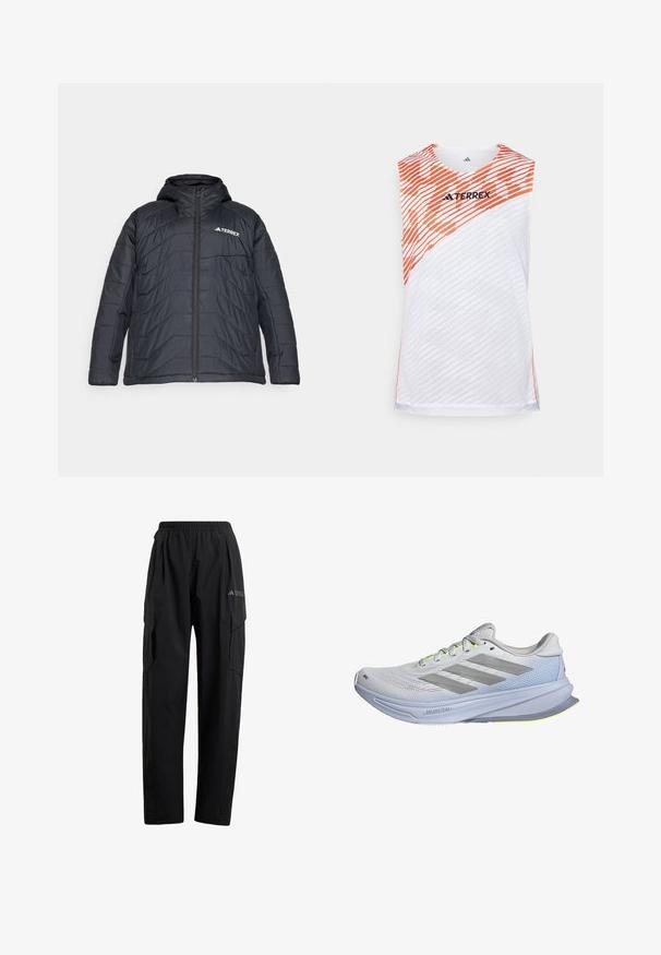 Schwarze Steppjacke mit Kapuze, ausgestattet mit einem Reißverschluss vorne, gestepptem Design und einem Logo auf der linken Brust. Glatte Textur.; Weißes ärmelloses Sporttop mit orangefarbenen diagonalen Streifen, strukturierter Oberfläche und "TERREX"-Logo auf der oberen Vorderseite.; Schwarze Cargo-Hosen mit einem elastischen Bund, zwei seitlichen Taschen und einem leicht geschnittenen Bein. Hergestellt aus leichtem Material.; Laufschuhe mit einem leichten Netz-Obermaterial in Weiß, akzentuiert mit grauen Streifen. Die Sohle hat eine leichte Kurve und neon-gelbe Akzente.