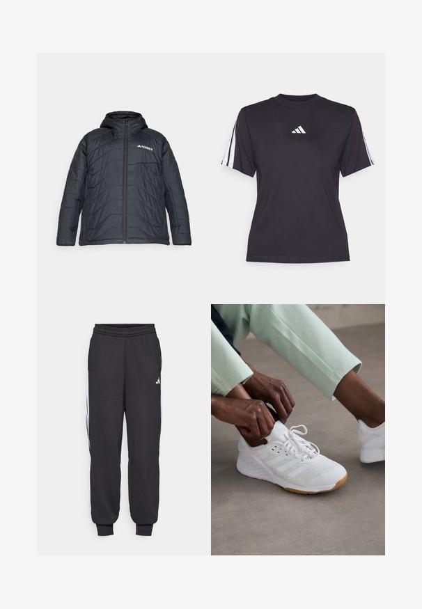 Črna puffer jakna s kapuco, z zadrgo na sprednjem delu, prešita zasnova in logotipom na levi prsni strani. Gladka tekstura.; Črnen športni majica iz mehke tkanine, s krožnim izrezom, kratkimi rokavi in tremi belimi črtami na vsakem rami. Beli logotip na prsih.; Črne športne hlače z elastičnim pasom, zoženimi gležnji in belimi stranskimi črtami. Narejene so iz mehkega materiala z gladko teksturo.; Bela atletska čevlja z mrežnim zgornjim delom, gumijastim podplatom in dizajnom s tremi črtami. Vezalke se prilagajajo; vidne so svetlo siva in meta zelena oblačila.