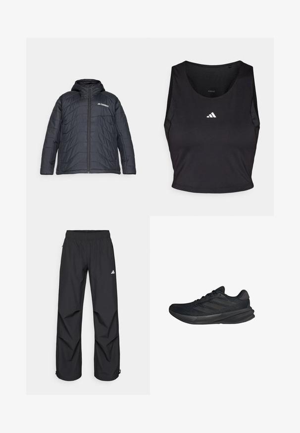 Black puffer jacket with a hood, featuring a zip front closure, quilted design, and a logo on the left chest. Smooth texture.; Black sports crop top made from moisture-wicking fabric, featuring a round neck, sleeveless design, and white logo on the chest.; Black, lightweight, waterproof pants with an elastic waistband, side pockets, and adjustable cuffs. Features a white logo on the left thigh.; Black athletic shoes with a mesh upper, streamlined shape, flat sole, and three diagonal stripes on the side. Lightweight design for comfort.