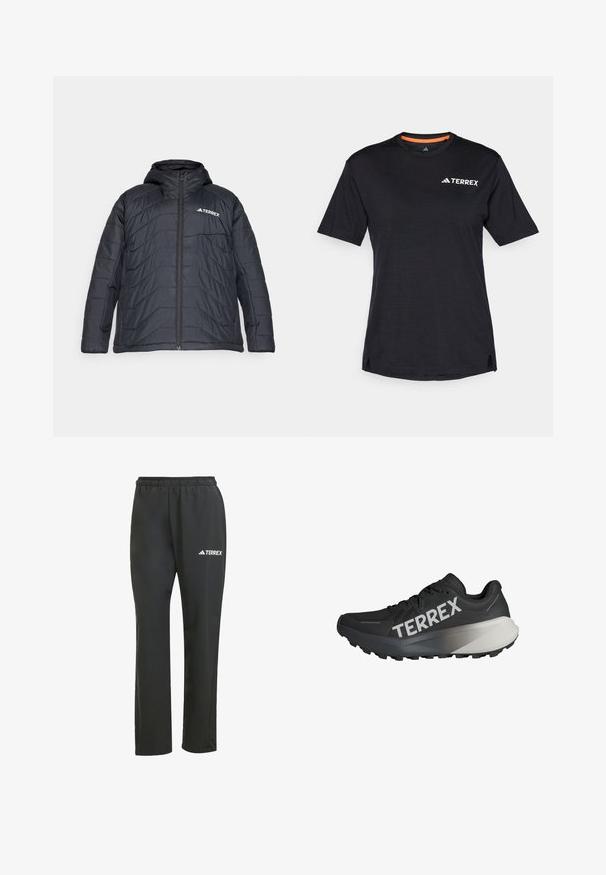 Black puffer jacket with a hood, featuring a zip front closure, quilted design, and a logo on the left chest. Smooth texture.; Black short-sleeve T-shirt with round neckline, featuring a subtle heather texture and white "TERREX" logo on the upper left side.; Black lightweight pants with an elastic waistband. Features a subtle “TERREX” logo in white. Smooth fabric and straight-leg design.; Black running shoe with a textured upper, prominent "TERREX" logo in white, tapered sole design, and a gradient gray accent on the heel.