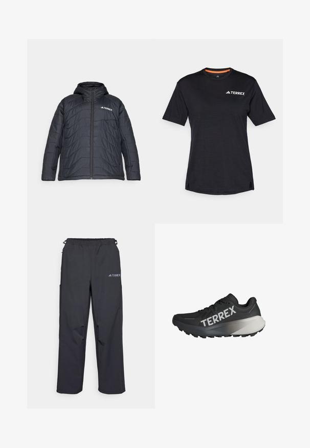 Musta puhvijakku, jossa on huppu, vetoketjukiinnitys, tikattu muotoilu ja logo vasemmassa rinnassa. Sileä pinta.; Musta lyhythihainen T-paita pyöreällä pääntiellä, jossa on hienovarainen heather-rakenne ja valkoinen "TERREX"-logo vasemmalla ylhäällä.; Mustat, kevyet ulkoiluhousut, joissa on joustava vyötärö, sivutaskut ja logo oikeassa yläreunassa. Sujuva, vettä hylkivä kangas.; Musta juoksukenkä, jossa on tekstuuri yläosassa, näyttävä "TERREX" -logo valkoisena, kapeneva pohjadesign ja harmaan sävyinen gradientti kantapäässä.