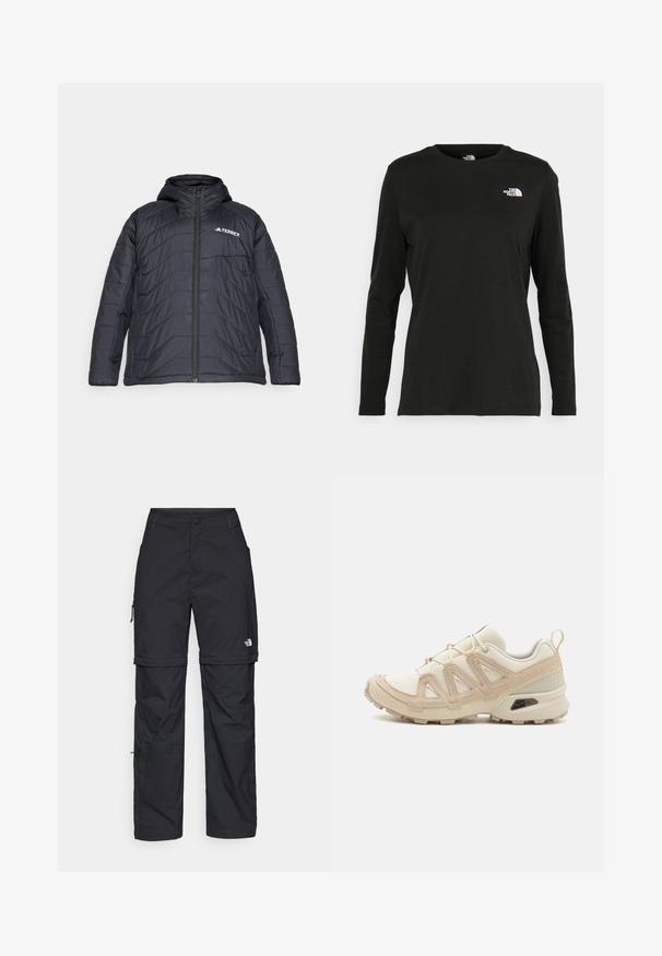 Black puffer jacket with a hood, featuring a zip front closure, quilted design, and a logo on the left chest. Smooth texture.; Black long-sleeve t-shirt made of cotton with a round neck. Features a small white logo on the left chest area. Simple design and fit.; Black nylon zip-off cargo trousers with adjustable cuffs, multiple pockets, and a logo on the right leg. Smooth, lightweight texture.; Beige and cream athletic shoe with textured mesh upper, supportive overlays, and rubber outsole featuring a tread pattern for traction.