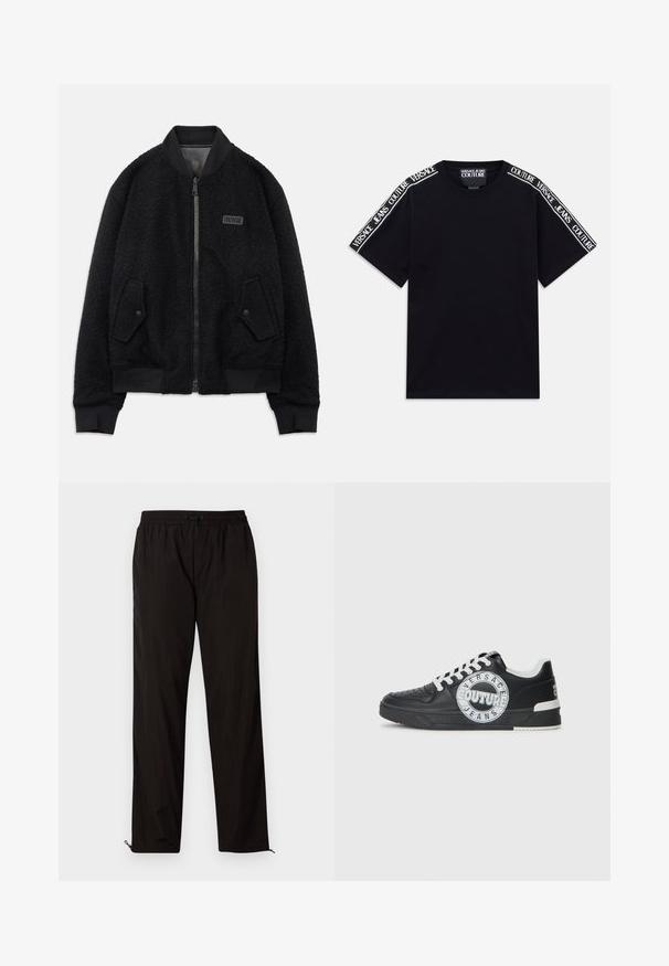 Must musta jope, mis on valmistatud tekstureeritud fliisist, funktsiooniga lukuga, ribide krae ja mansettide ning logosildiga vasakul rinnal.; Must värviga lühikeste varrukatega T-särk, millel on valged "Versace Jeans Couture" teksti ribad, mis jooksevad õlgadel ja ülemistel varrukatel.; Mustad mustriga püksid elastse vöökoha, nööridega sulgemise ja reguleeritavate sääreotstega, millel on lukud. Sile ja läikiv tekstuur.; Mustad nahast spordijalatsid valgete aktsentidega, ümmargune logode Detail, perforatsiooniga varbaosa ja kontrastne tallaosa. Omab valgeid paelu ja brändimist.