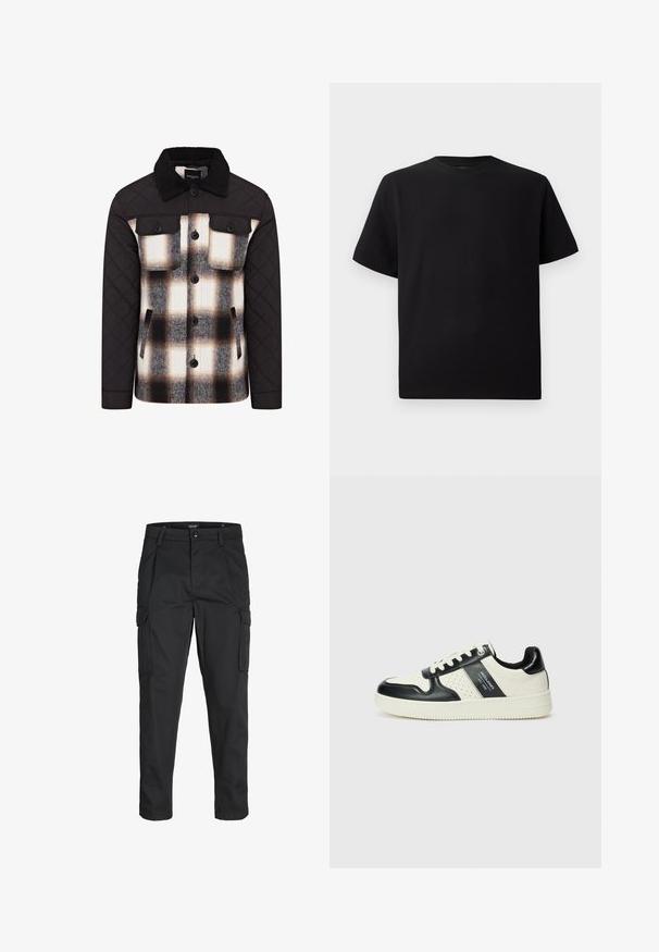 Quiltet jakke med svarte ermer og krage. Rutete design med hvite, svarte og brune mønstre. Knappefester og brystlommer.; Svart T-skjorte med korte ermer laget av teksturert stoff, med rund halslinning og en avslappet passform. Enkel, uten mønstre eller detaljer.; Sorte cargo bukser laget av slitesterkt stoff, med flere lommer, knappelukking og en slim fit-design med avsmalnede ben.; Lædersneakers med sort og creme farveskema, der har perforerede detaljer, en polstret krave og en struktureret ydersål.