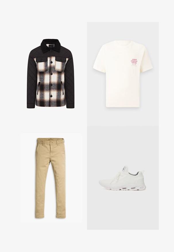 Quilted jacket with black sleeves and collar. Plaid design features white, black, and brown patterns. Button closures and chest pockets.; White short-sleeve T-shirt with red text "Studio Originals Edition" on left chest, displayed on a neutral gray background.; Tan chinos made of cotton, featuring a straight leg design, front and back pockets, and a button fly closure with belt loops.; White athletic shoes featuring a textured knit upper, flat laces, and a cushioned sole with visible air chambers for added support.