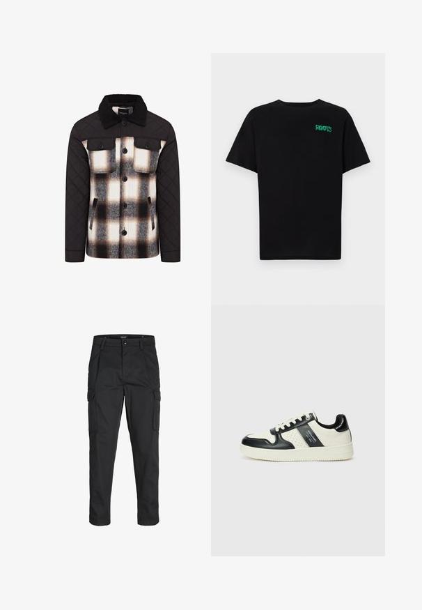 Jachetă matlasată cu mâneci și guler negre. Design în carouri cu modele alb, negru și maro. Închidere cu nasturi și buzunare pe piept.; Tricou negru din bumbac, cu mâneci scurte. Prezintă un logo verde "ROOTS" pe față, guler rotund și o potrivire standard.; Pantaloni cargo negri dintr-un material rezistent, cu multiple buzunare, închidere cu nasture și un design slim fit cu picioare conice.; Tenisi din piele cu un scheme de culori negru și crem, dotati cu accente perforate, guler căptușit și o talpă texturată.