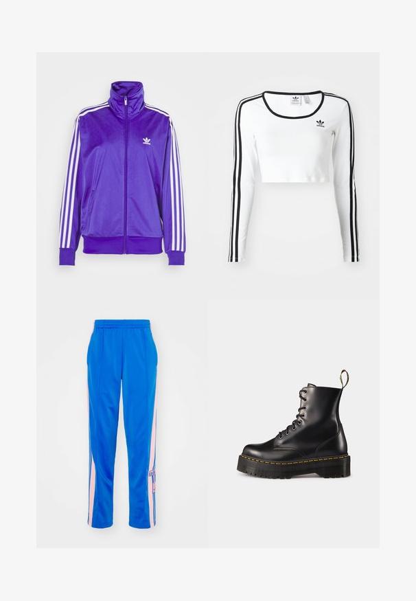 Lilla lynlåsjakke lavet af skinnende materiale med høj krave, hvide striber på ærmerne og et lille hvidt logo på brystet.; Hvid langærmet cropped top med sorte striber på ærmerne, rund hals og lille sort logo på brystet. Glat stofstruktur.; Blå atletiske bukser med lyserøde sidelommer. Elastisk talje og logo-patch på venstre ben. Glat, letvægtsstof med en afslappet pasform.; Sorte læder snørebånd ankelstøvler med en kraftig sort sål og gul syning. Har en trækflap bagpå og runde metaløjer.