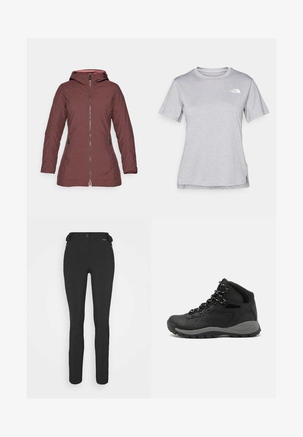 Bordo ūdensizturīga jaka ar rāvējslēdzēju priekšā, regulējamu kapuci un divām sānu kabatām. Gluda, teksturēta auduma ar pieguļošu dizainu.; Pelēks īsām piedurknēm T-krekls, kas izgatavots no mīksta, mitrumu noturoša auduma. Tam ir apaļš kakls un neliels balts logo kreisajā augšējā stūrī.; Melni, pieguļoši bikses, izgatavotas no elastīga materiāla. Iespējas ietver rāvējslēdzēju sānu kabatu, ar artikulētām ceļgaliem un gludu tekstūru.; Melni pārgājienu zābaki ar vidēju augstumu, ar teksturētu augšdaļu, pelēkiem akcentiem un izturīgu gumijas zoli ar saķeres izvirzījumiem.