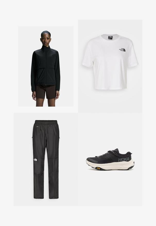 Veste de sport légère noire avec fermeture éclair sur le devant, col montant et longues manches. Elle présente une texture lisse et un design minimaliste.; T-shirt blanc court en coton avec un col rond et des manches courtes. Présente un logo noir sur le côté gauche de la poitrine.; Pantalons noirs imperméables en tissu léger, dotés d'une taille élastique, de poches latérales et d'un logo sur la jambe gauche.; Baskets de sport noires avec une tige en mesh respirant, une semelle en caoutchouc, un intermédiaire de coussin en blanc et des lacets réfléchissants. Logo Vibram sur la semelle.