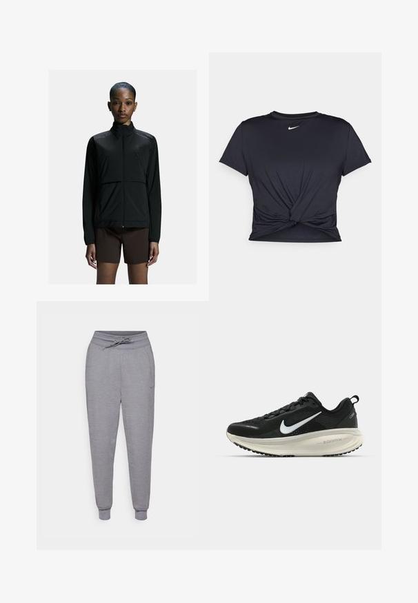 Črna lahka športna jakna z zadrgo spredaj, visokim ovratnikom in dolgimi rokavi. Opremljena je z gladko teksturo in minimalističnim dizajnom.; Črna atletska majica iz gladkega materiala, z vozlanim sprednjim delom in majhnim belim logotipom Nike na prsih.; Sive tapered trenirke z vrvico v pasu, elastičnimi manšeti in diskretnim Nike logotipom na levem stegnu. Mehek, teksturiran material.; Črne Nike tekaške čevlje z zračno mrežno zgornjim delom, belim logotipom Swoosh, teksturiranimi detajli in smetanasto barvnim srednjim delom ZoomX.