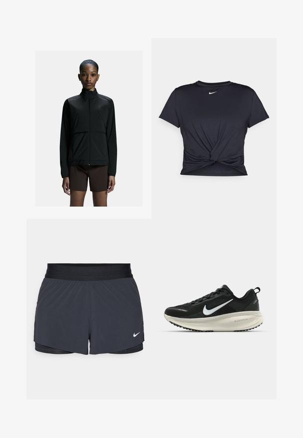 Must mustad sportlik jakk, millel on lukuga esiosa, kõrge krae ja pikad varrukad. Omab siledat tekstuuri ja minimaliseeritud disaini.; Mustmust musta sportlik T-särk, mis on valmistatud sujuvast kangast, millel on sõlmega esikülg ja väike valge Nike logo rinnal.; Mustad must sportlikud lühikesed püksid, millel on elastne vöökoht, kihiline disain ja väike valge Nike logo vasakul all. Kerge materjal.; Musthave mustus Nike jooksujalats, millel on hingav võrgust ülemine osa, valge swoosh logo, tekstuuriga detailid ja kreemja värvusega ZoomX vahevöö.
