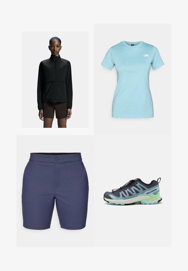 Black lightweight athletic jacket with a zip front, high collar, and long sleeves. Features a smooth texture and minimalistic design.; Light blue cotton t-shirt with short sleeves and a crew neck; features a small white logo on the upper left chest area.; Navy blue shorts made of smooth fabric, featuring a button closure, belt loops, and a tailored fit with a clean hemline.; Trail running shoe featuring a navy and light blue mesh upper, textured outsole, quick-lace system, and green accents on the midsole.