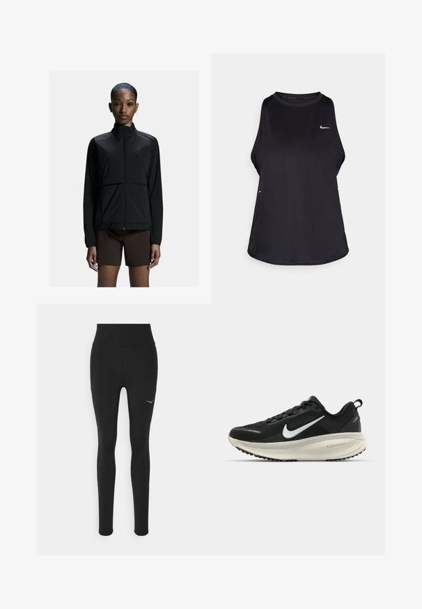 Fekete, könnyű sportdzseki cipzárral, magas gallérral és hosszú ujjakkal. Simaságot és minimalista dizájnt kínál.; Fekete ujjatlan futó trikó, könnyű anyagból készült, kerek nyakkal; diszkrét logóval és oldalsó hasítékokkal a légáteresztés érdekében.; Fekete, magas derekú leggings elasztikus anyagból. Bal oldalon egy kis fehér logóval és oldalvarrás részletezéssel rendelkezik.; Fekete Nike futócipő légáteresztő hálós felsőrésszel, fehér Swoosh logóval, textúrázott részletekkel és krém színű ZoomX középtalppal.