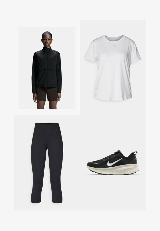 Zwarte lichtgewicht sportjack met een ritssluiting aan de voorkant, hoge kraag en lange mouwen. Kenmerkt zich door een gladde textuur en een minimalistisch ontwerp.; Witte T-shirt met korte mouwen van gladde stof, met een ronde halslijn en een klein grijs Nike-logo op de borst.; Zwarte cropped leggings van rekbaar materiaal, met een hoge tailleband en een gladde textuur, zonder zichtbare patronen of hardware.; Zwarte Nike hardloopschoen met ademend mesh bovenwerk, witte swoosh-logo, gestructureerde details en een crèmekleurige ZoomX middenzool.