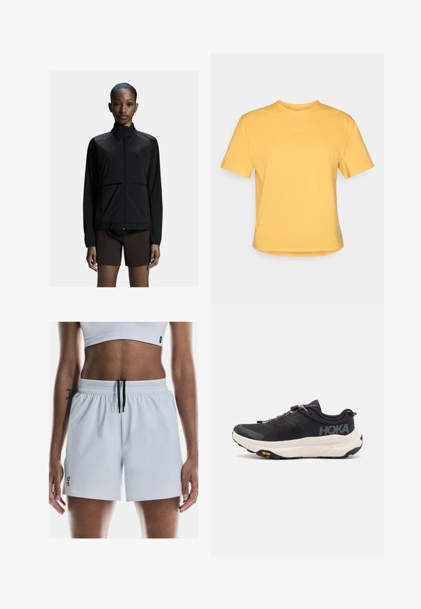 Schwarze, leichte Sportjacke mit Reißverschluss, hohem Kragen und langen Ärmeln. Sie verfügt über eine glatte Textur und ein minimalistisches Design.; Gelbes T-Shirt mit kurzen Ärmeln und rundem Ausschnitt, aus weichem Stoff gefertigt. Verfügt über ein dezentes Logo auf der Brust und einen geraden Saum.; Hellblaue Sportshorts mit elastischem Taillenbund, verstellbarem schwarzen Kordelzug und seitlichen Schlitzen für Bewegungsfreiheit. Markenlogo in Schwarz.; Schwarze Sportschuhe mit einem atmungsaktiven Mesh-Obermaterial, Gummisohle, weißem dämpfenden Zwischensohle und reflektierenden Schnürsenkeln. Vibram-Logo auf der Sohle.