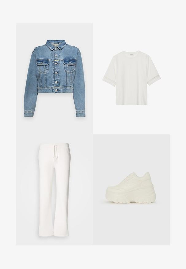 Kergelt sinine lühikeste varrukatega teksajakk, millel on nupud ees, kaks rinnataskut ja metallnupud. Varrukatel on õmmeldud detailid.; Valge lühikese varrukaga T-särk, mis on valmistatud puuvillast, kaunistatud pitsiga varrukate ääres ja ümmarguse kaelusega.; Valged, mugavad spordipüksid, mis on valmistatud pehmest kangast, elastse talje ja nööridega, sirgete jalgadega disainiga.; Valged platvormi tõusukingad, millel on siledast nahast meenutav pealis, ümar kuju, pehmendatud kaelus ja tekstureeritud kummitald koos selgete hüdrofoobsete mustritega.